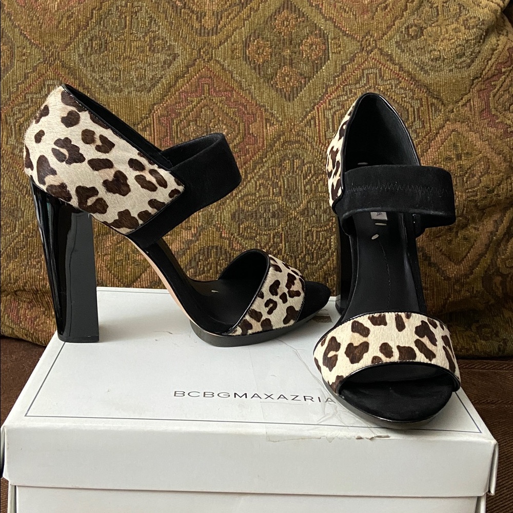 BCBGMaxAzria Pony Hair Black Animal Print Heels with Black Suede Strap Sz 10